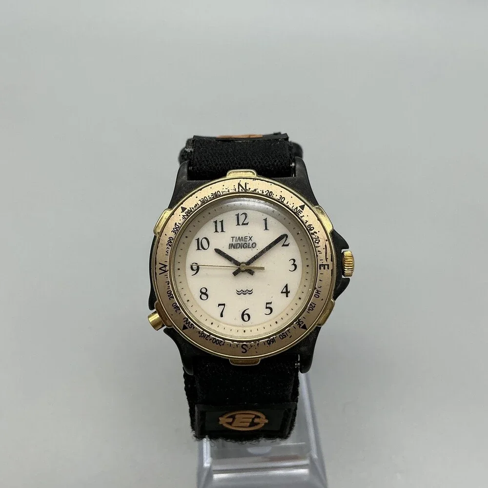 Vintage 1994 Timex Indiglo Mens Watch 37mm White Dial Compass Bezel New Battery